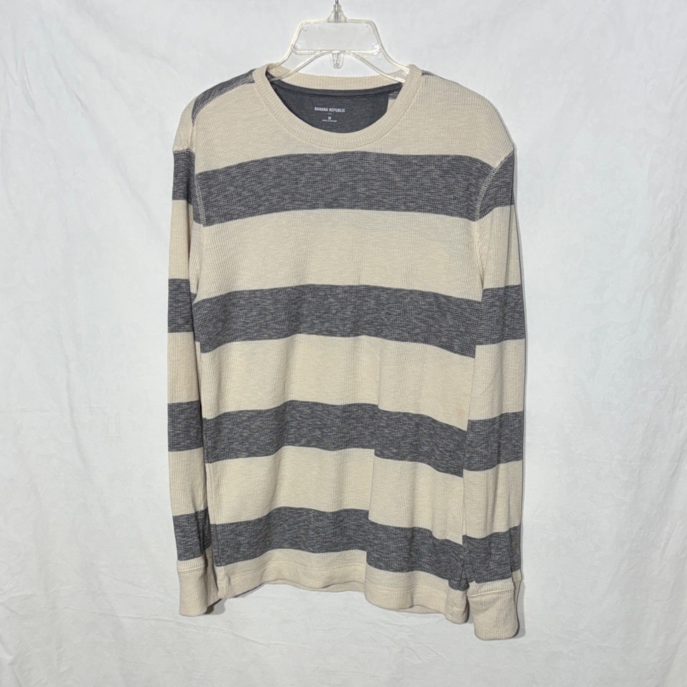 Banana Republic Men's Long Sleeve Shirt - Cream and Gray Stripes